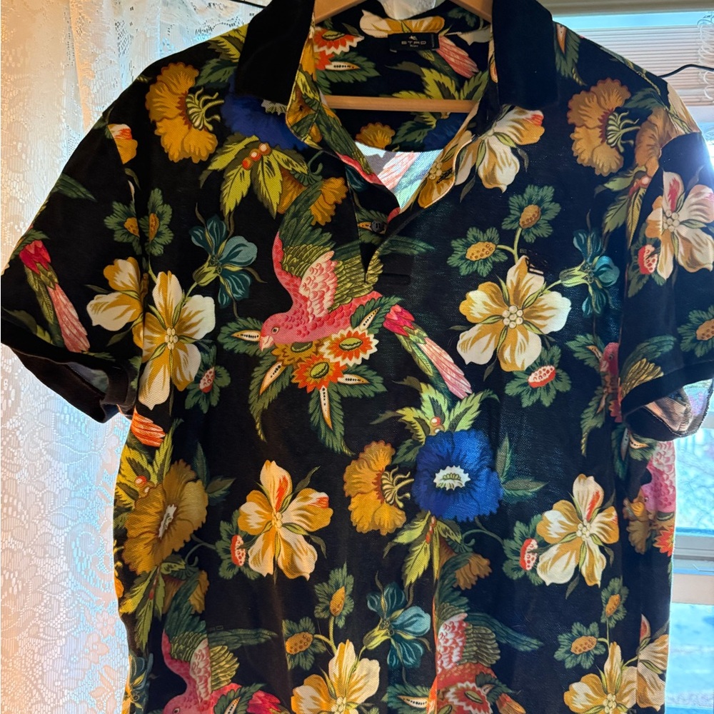 Etro Black Polo with Vibrant Floral Design